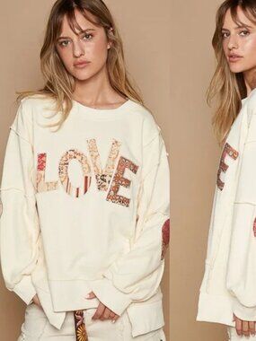 POL Cream Patchwork Love Long Sleeve Pullover Sweatshirt